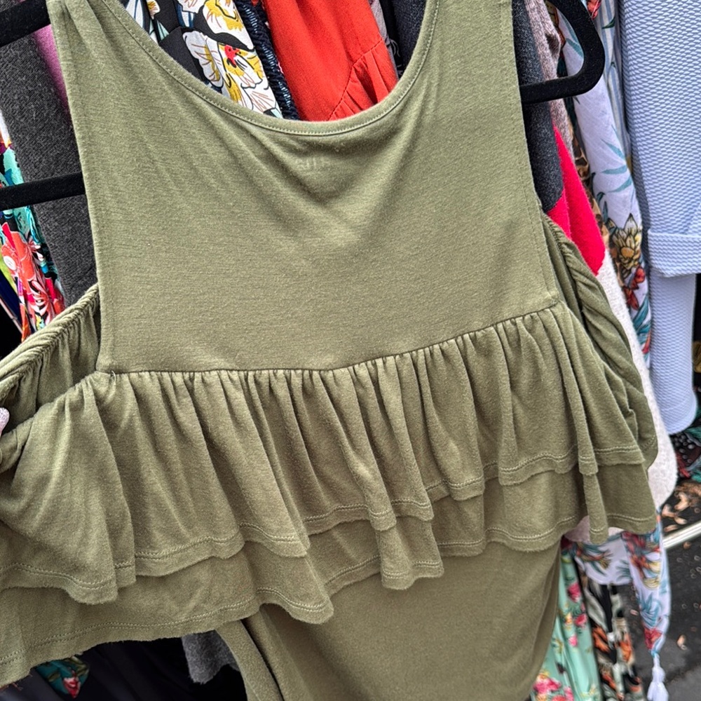 Olive Green Ruffled Women's Top. Cold Shoulder - Picture 3 of 3